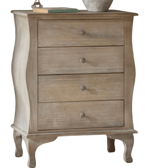 A light-colored, distressed wood chest of drawers featuring a bombe-style silhouette with curved sid… — 3D model