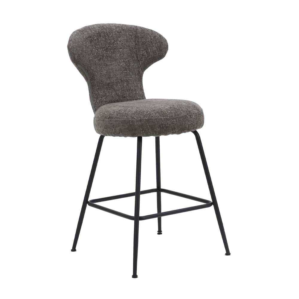 A bar stool with a curved, upholstered backrest and seat. It features a slim, dark metal frame with… — 3D model