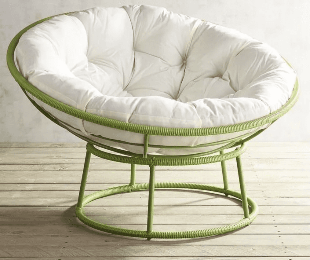 A green papasan chair featuring a circular, bowl-shaped frame wrapped in a woven material, supported… — 3D model