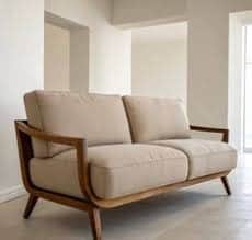 A two-seater upholstered loveseat featuring an exposed wooden frame and light beige fabric cushions. — 3D model