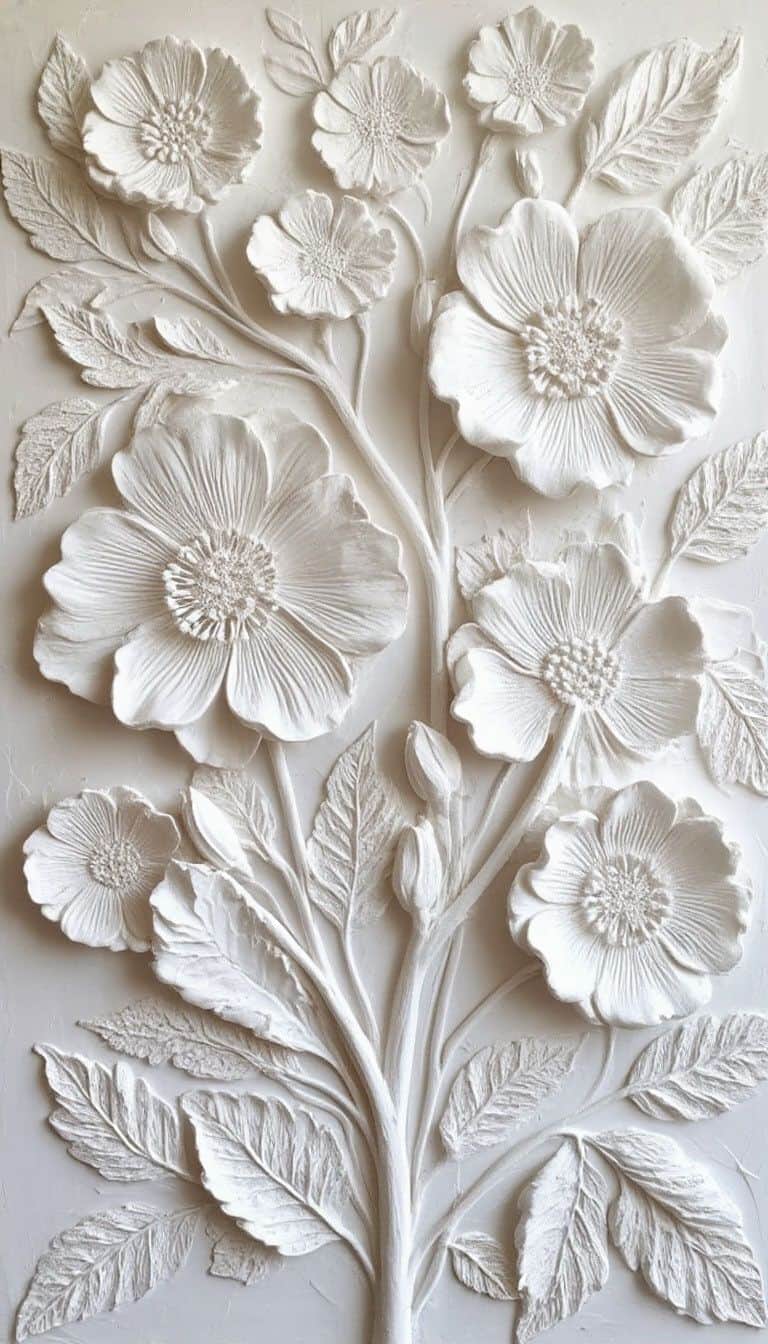 A rectangular, white decorative wall panel featuring a high-relief sculpture of blossoming flowers a… — 3D model