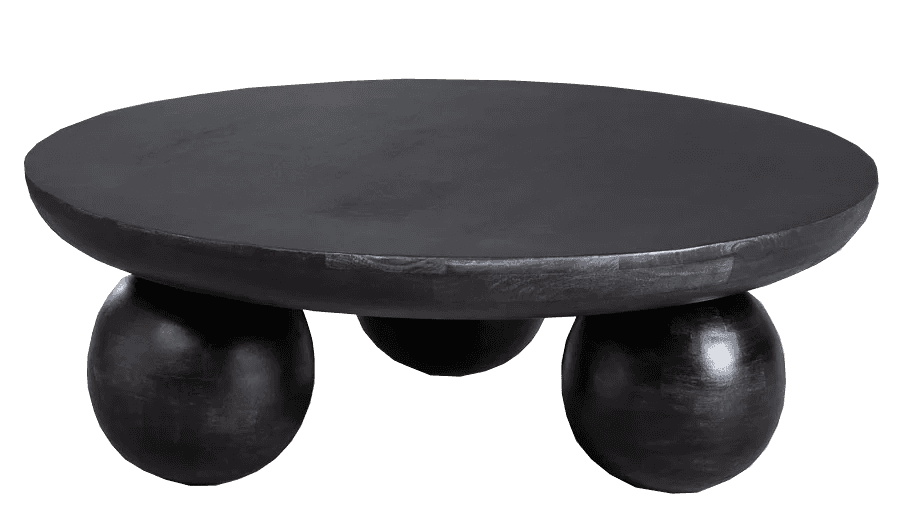 A low-profile, circular coffee table with a matte black finish. It is supported by three spherical l… — 3D model