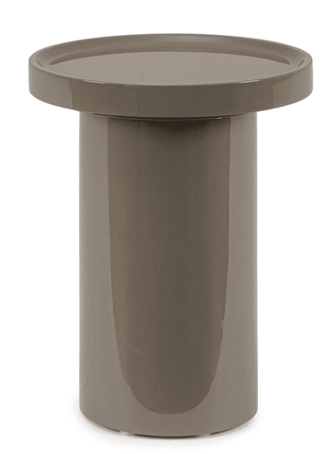 A modern, cylindrical side table in a greige or taupe color, featuring a high-gloss finish and a cir… — 3D model