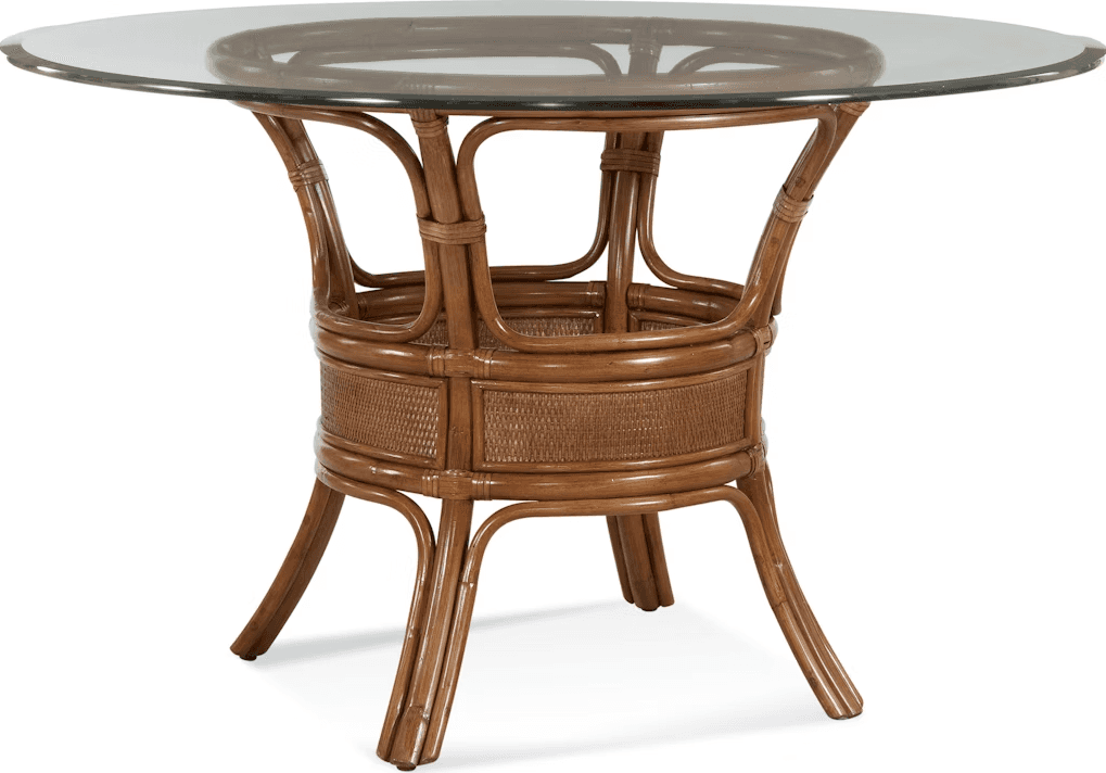A round dining table with a glass top and a rattan base. The base features a central cylindrical sec… — 3D model