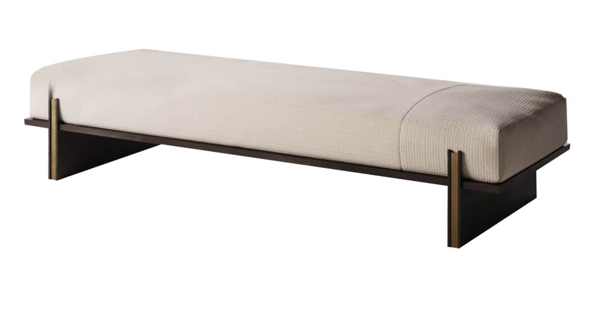 A long, rectangular, upholstered bench featuring a cream-colored, finely ribbed fabric cushion. The… — 3D model