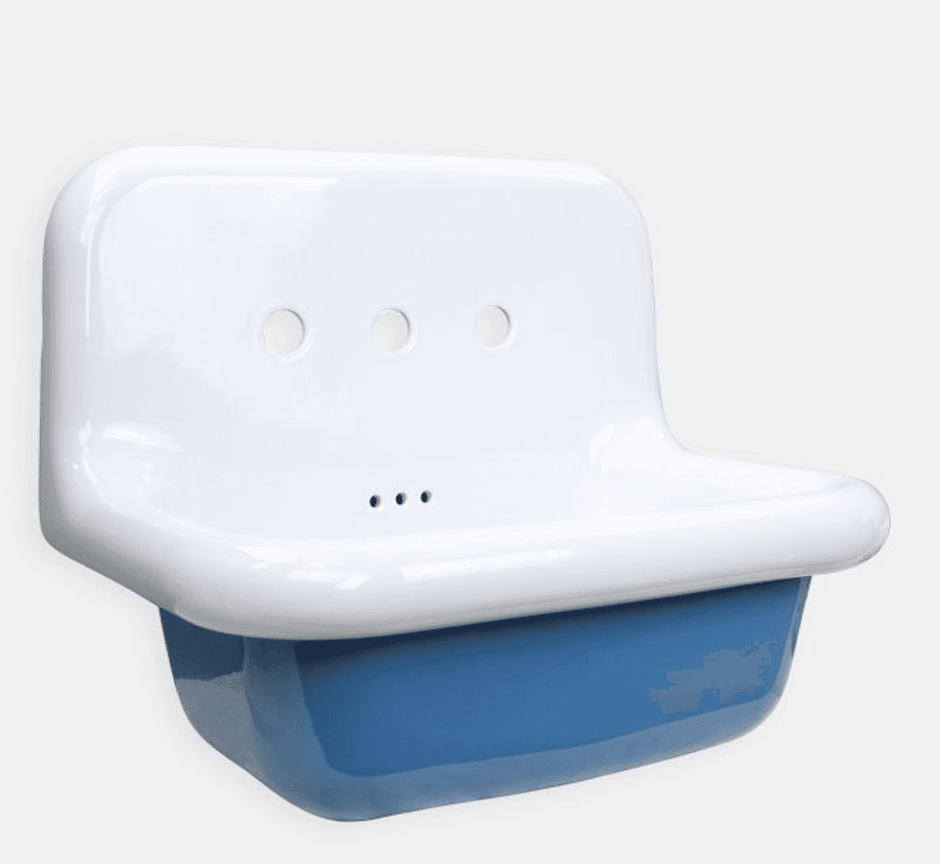 A wall-mounted sink with a high back and a basin. The upper portion is white and features three circ… — 3D model