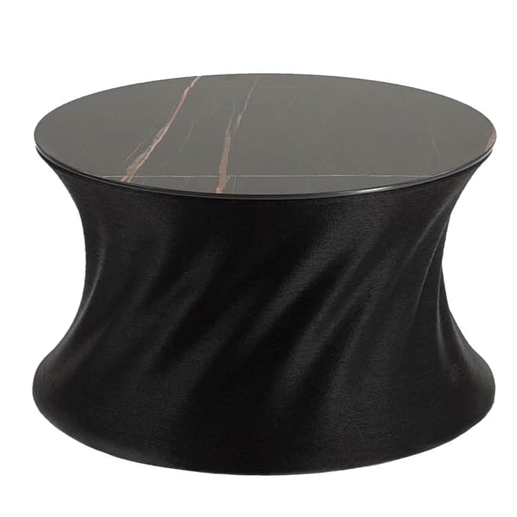 A round coffee table with a dark, marble-patterned top featuring thin, irregular lines of reddish-br… — 3D model