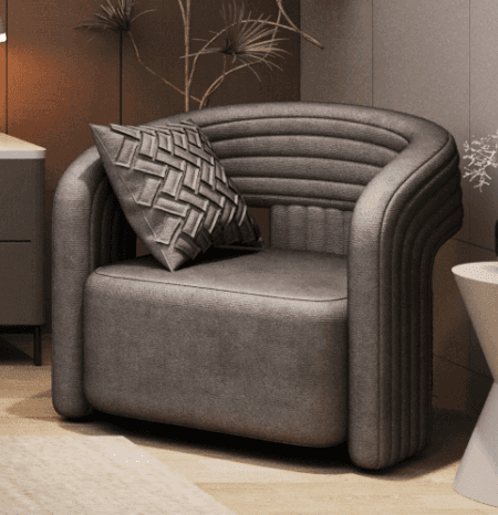 A dark grey upholstered barrel-style accent chair featuring horizontal channel tufting on the curved… — free OBJ 3D model