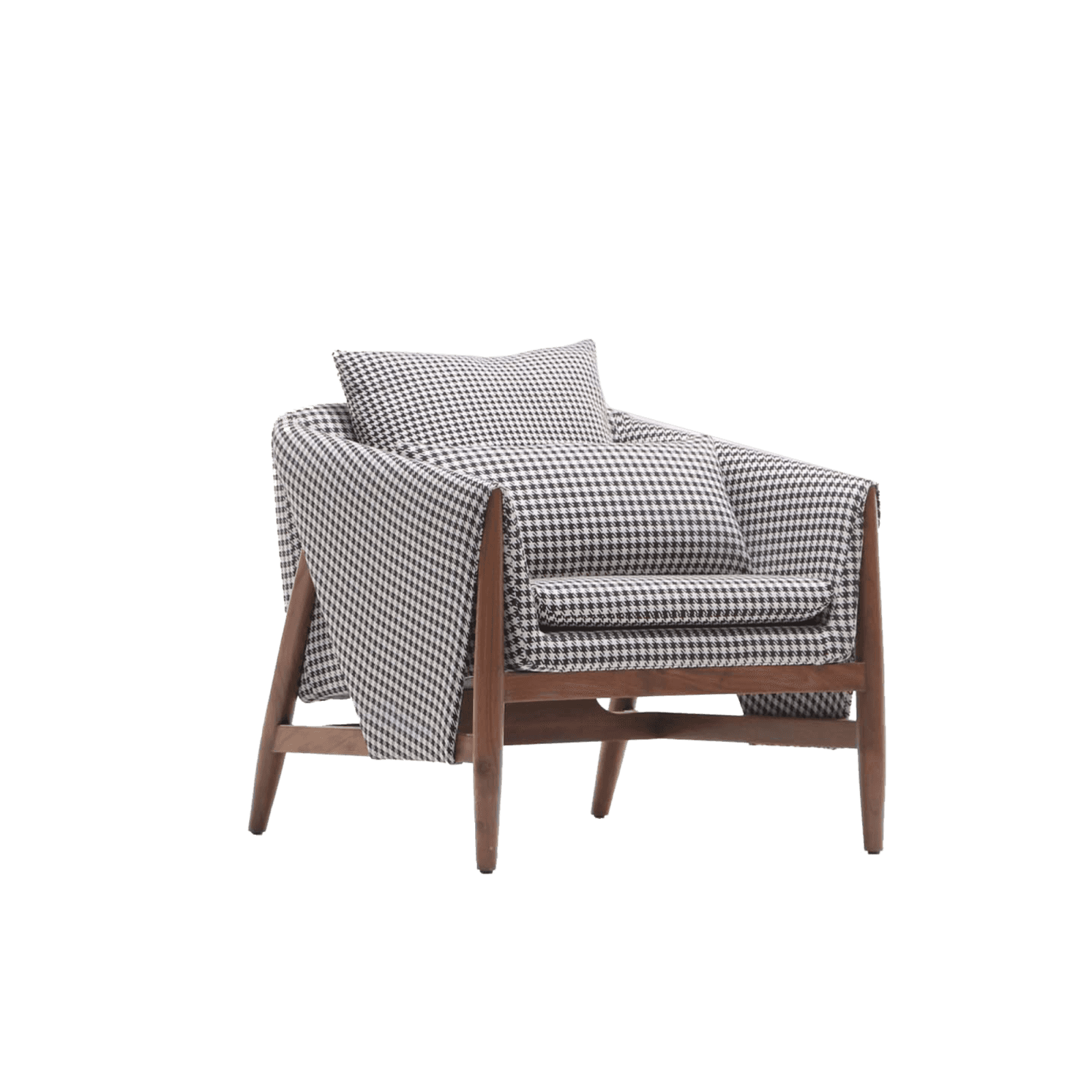 An upholstered lounge chair featuring a distinctive black and white houndstooth fabric pattern and a… — 3D model
