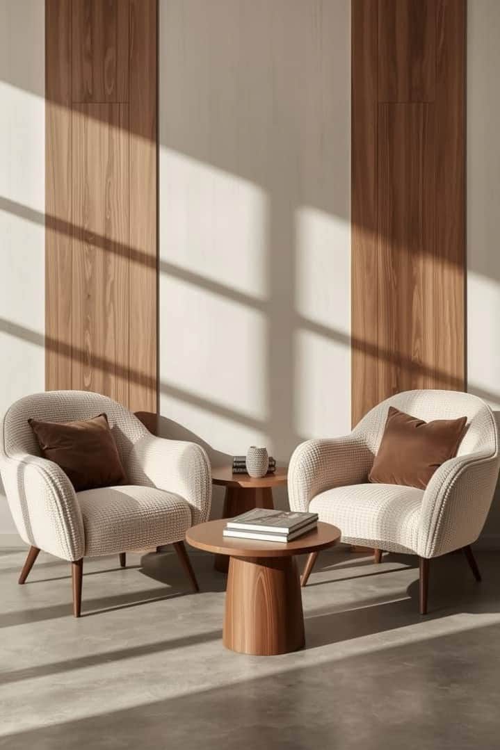 A contemporary armchair featuring a rounded, inviting silhouette, upholstered in a textured cream-co… — 3D model