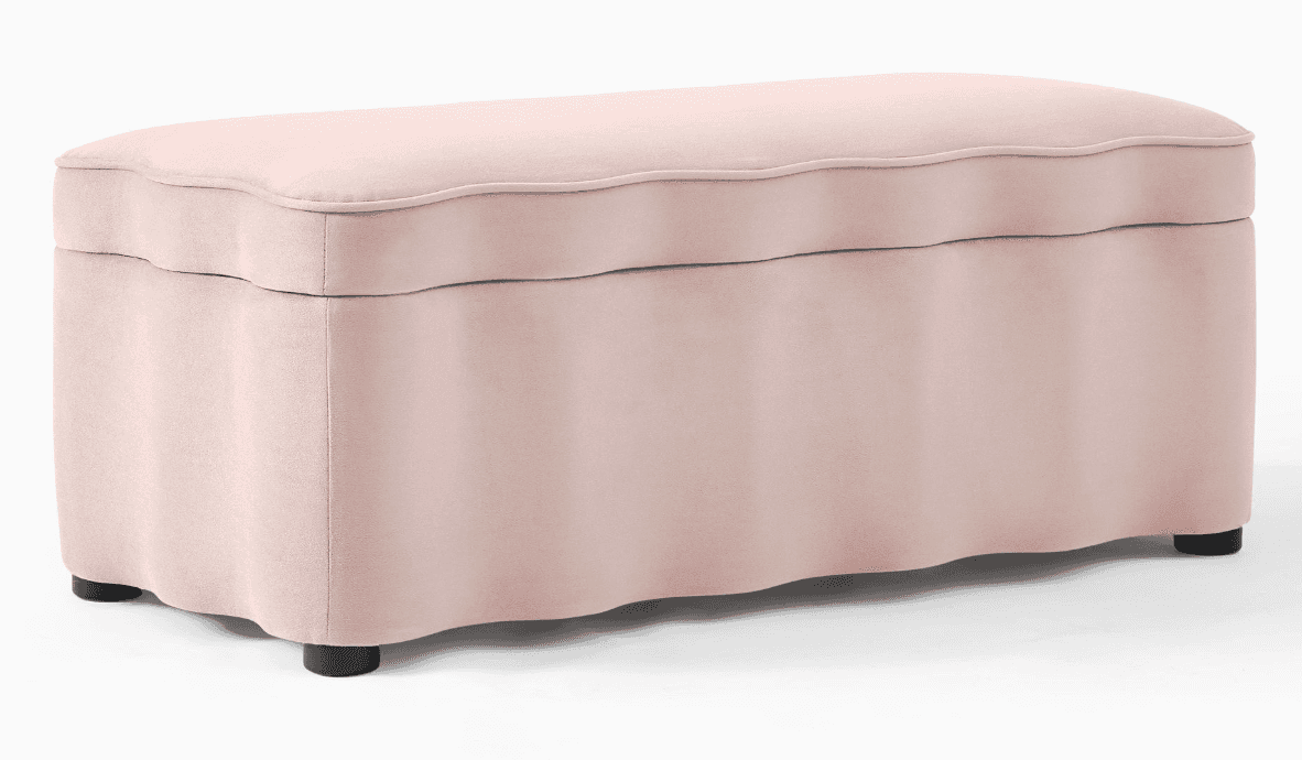 An oblong upholstered storage bench featuring a distinctive scalloped design on both its lift-off to… — 3D model