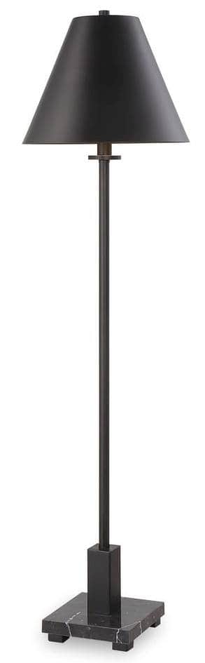 A modern floor lamp featuring a black conical metal shade, a slender black metal pole, and a square… — 3D model