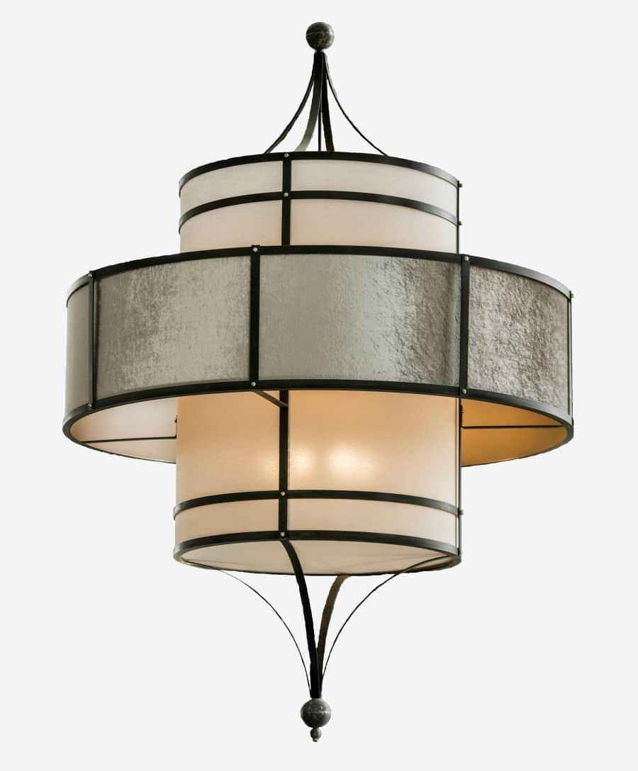 A multi-tiered cylindrical hanging light fixture featuring a dark metal framework. The top and botto… — 3D model