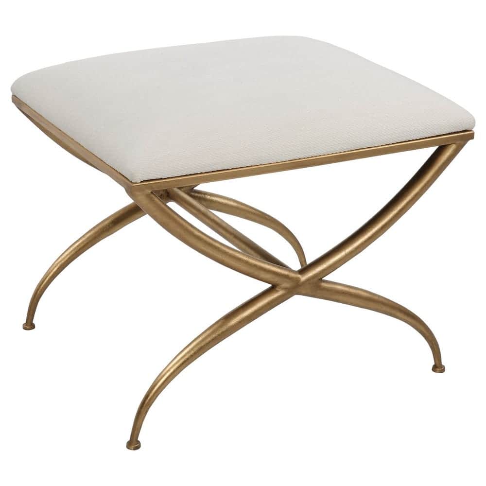 A square, upholstered ottoman featuring a light, neutral-toned fabric top and a decorative, X-shaped… — 3D model