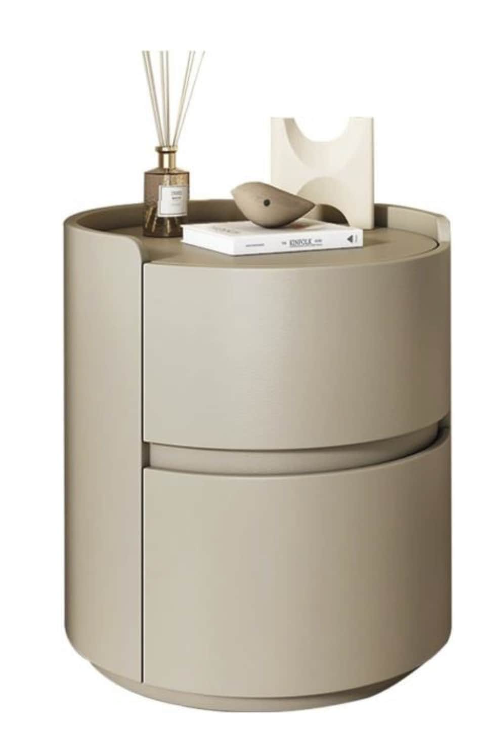 A cylindrical nightstand with two drawers, featuring a smooth, matte finish. The top surface has a s… — 3D model