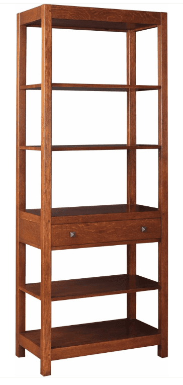 A tall, rectangular wooden bookshelf featuring multiple open shelves and a central drawer. The desig… — 3D model
