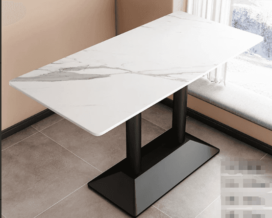 The image displays a contemporary rectangular table featuring a white top with grey faux marble vein… — 3D model