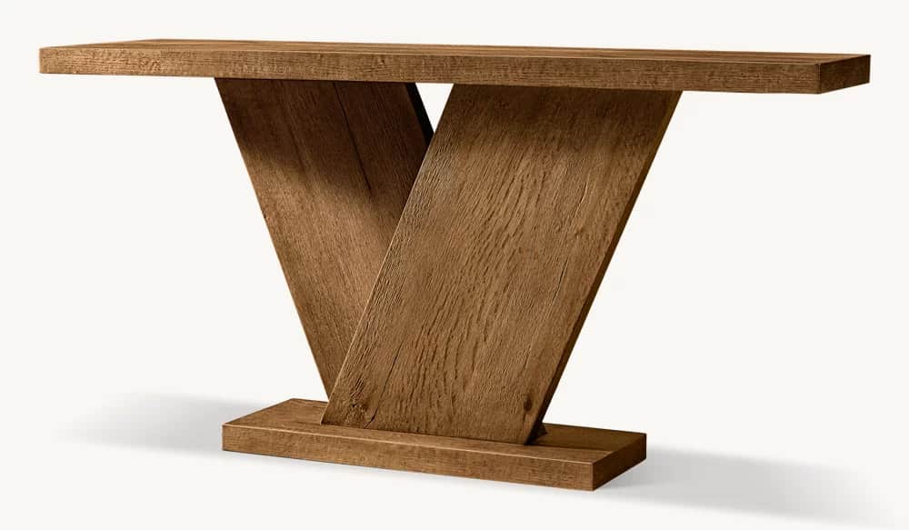 A modern console table crafted from solid wood, featuring a thick rectangular top supported by a dis… — 3D model