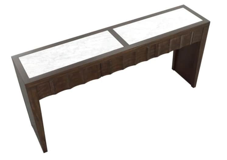 A long, narrow console table with a dark wood frame and a marble top. The top is divided into two re… — free BLEND 3D model