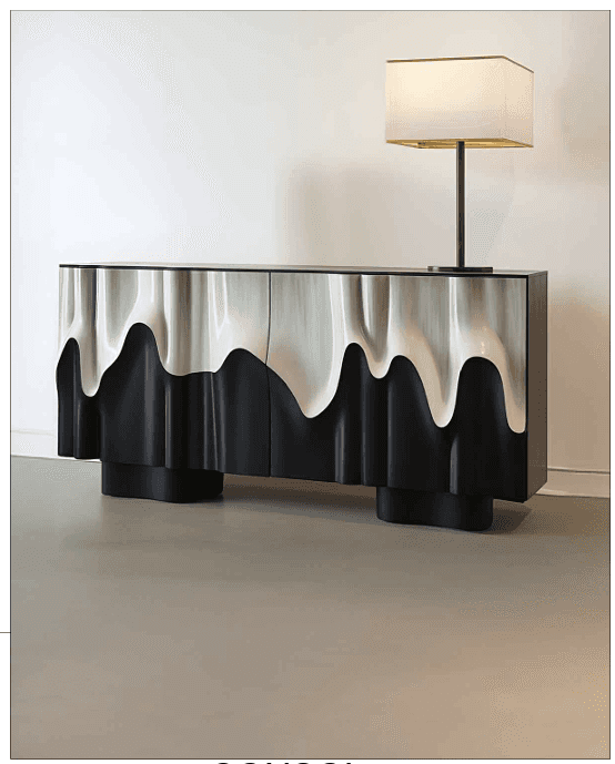 A contemporary sideboard featuring a distinctive wavy, 'melting' facade in contrasting metallic silv… — 3D model