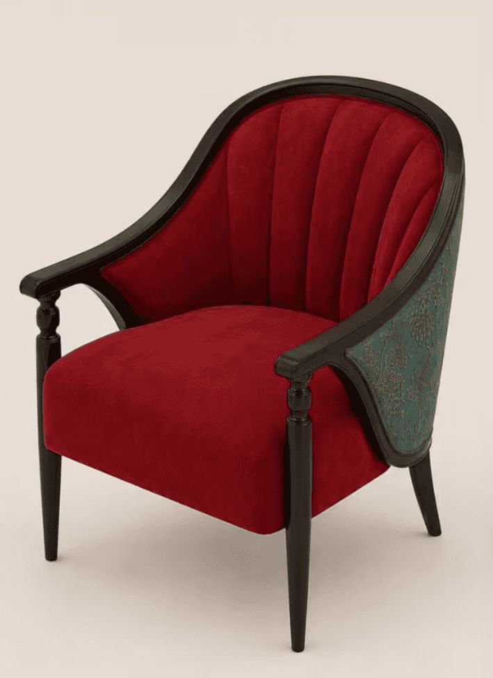 An armchair with a dark wood curved frame, featuring deep red velvet upholstery on the interior and… — free OBJ 3D model