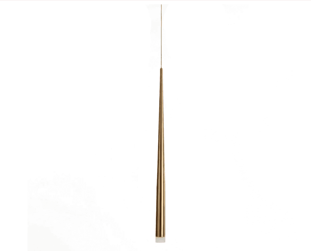 A minimalist pendant light featuring a long, slender, conical body crafted from a metallic, brass-to… — 3D model