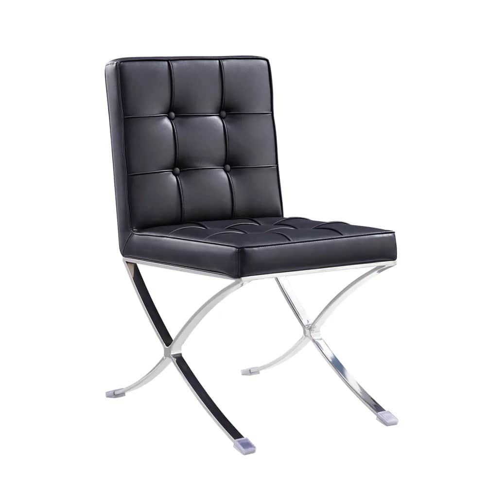 A modern accent chair featuring black tufted leatherette upholstery and a polished chrome X-frame ba… — 3D model