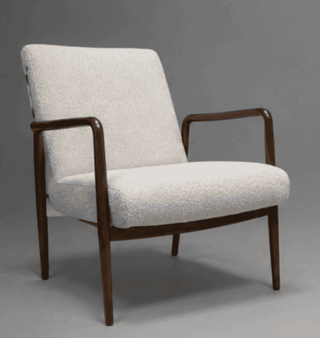 A mid-century modern style lounge chair featuring a visible wooden frame, curved armrests, and plush… — free GLTF 3D model