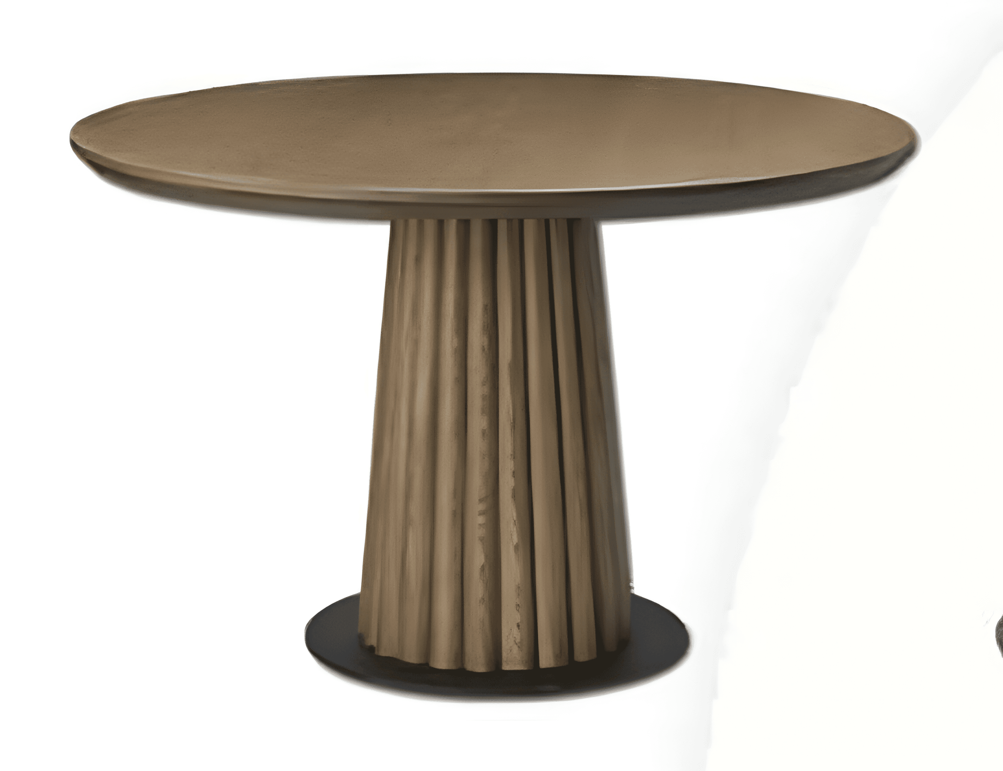 A round table featuring a thick, matte bronze tabletop supported by a tapering fluted pedestal base,… — 3D model
