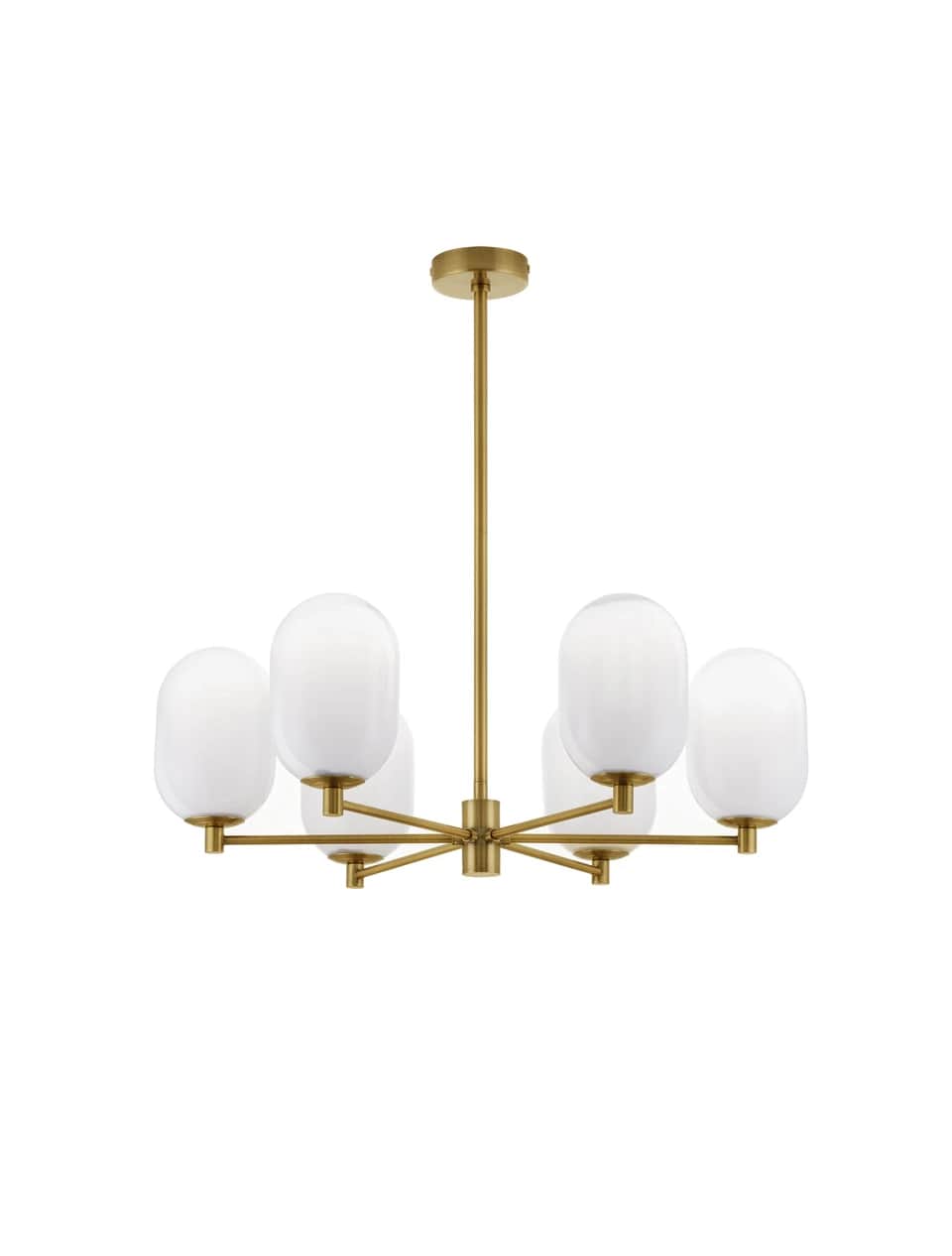 A contemporary chandelier featuring a satin brass frame with six radiating arms, each supporting an… — 3D model