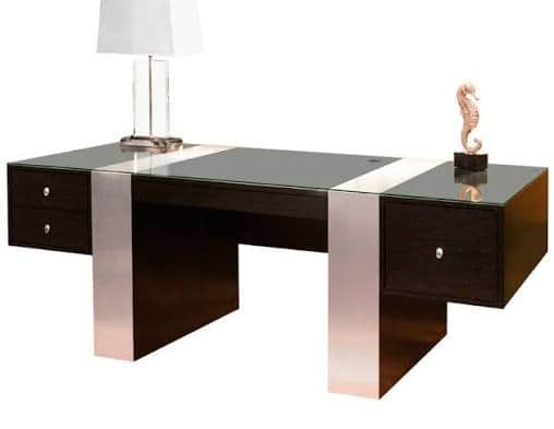A large, modern executive desk featuring a dark brown wood body, a rectangular glass top with centra… — 3D model