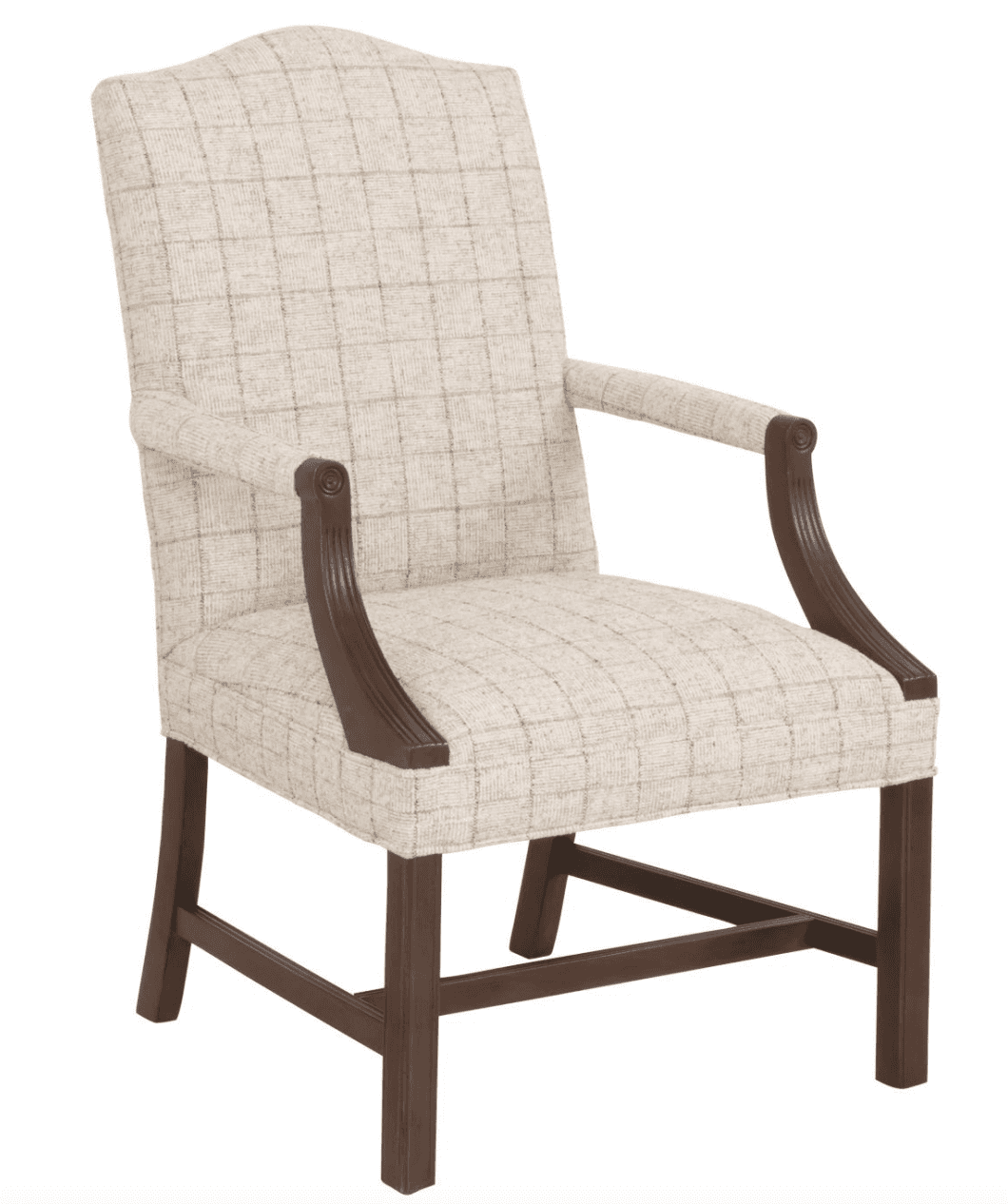 A traditional armchair with a high, upholstered back and arms. The upholstery features a subtle wove… — 3D model