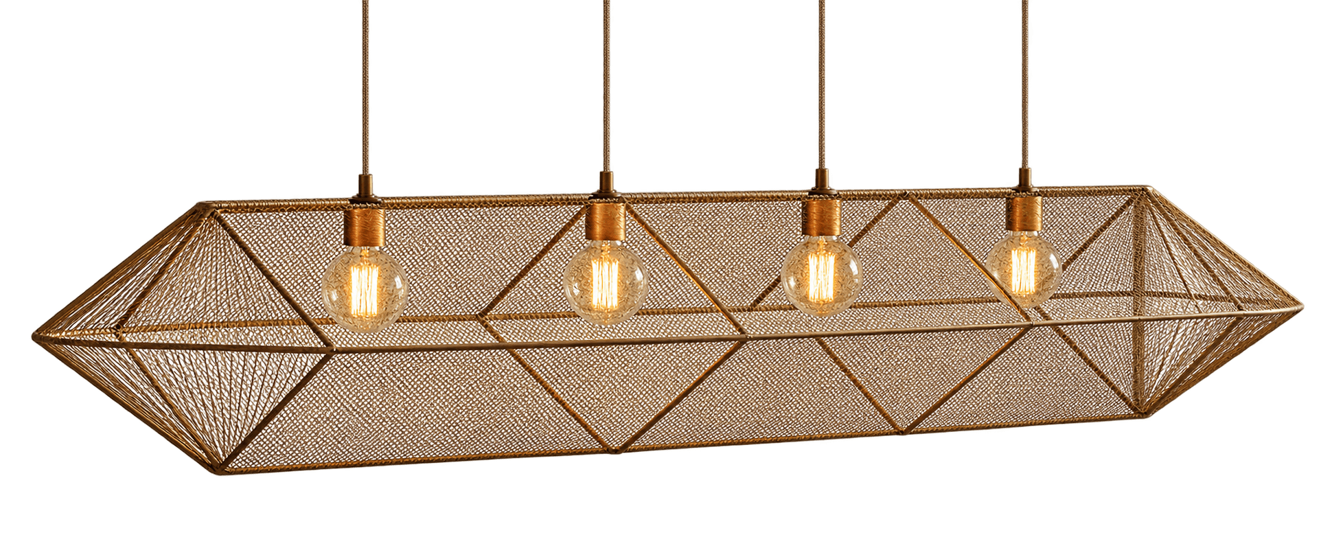 An elongated, rectangular pendant light featuring a geometric metal frame enveloped in a fine, gold-… — 3D model