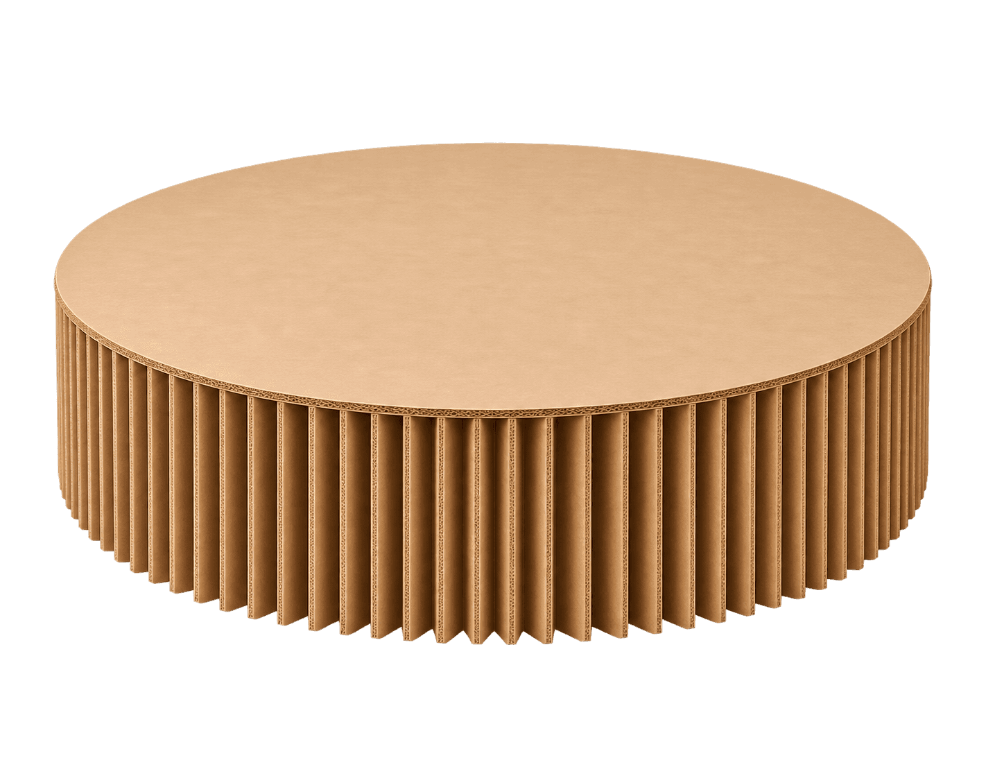A circular coffee table constructed entirely from corrugated cardboard, featuring a solid flat top a… — 3D model