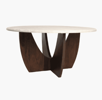 A round coffee table with a textured, off-white marble or stone top supported by a dark wood base. T… — 3D model