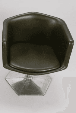 A vintage olive green upholstered swivel chair featuring a bucket seat design and a polished hexagon… — 3D model
