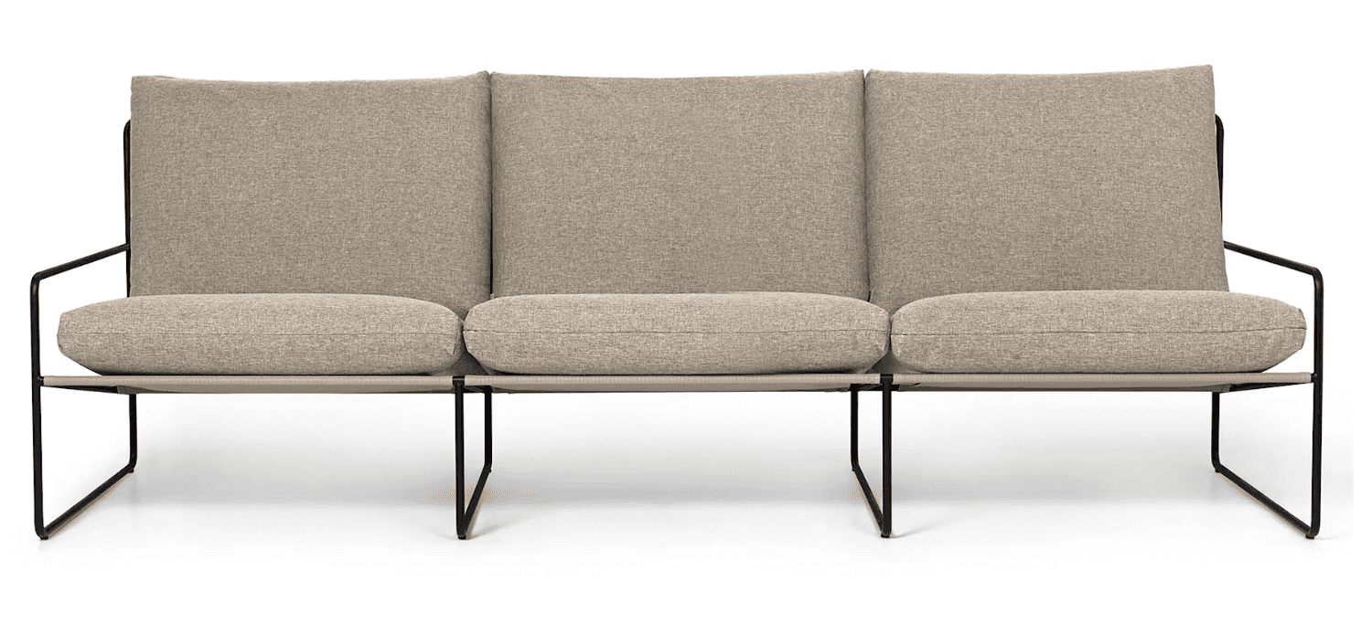 A three-seater sofa with a minimalist design. It features a slender black metal frame with angular l… — 3D model