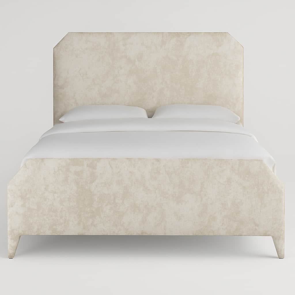 A bed with a upholstered frame and headboard. The headboard has a slightly octagonal shape with roun… — free BLEND 3D model