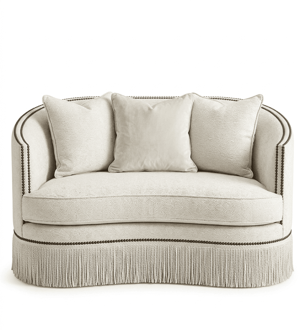 An elegant curved loveseat featuring textured off-white upholstery, detailed with black nailhead tri… — 3D model