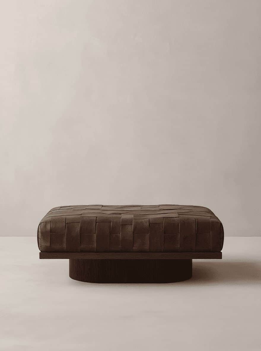 A square, low-profile ottoman featuring a dark brown woven leather top and a cylindrical wooden plin… — 3D model
