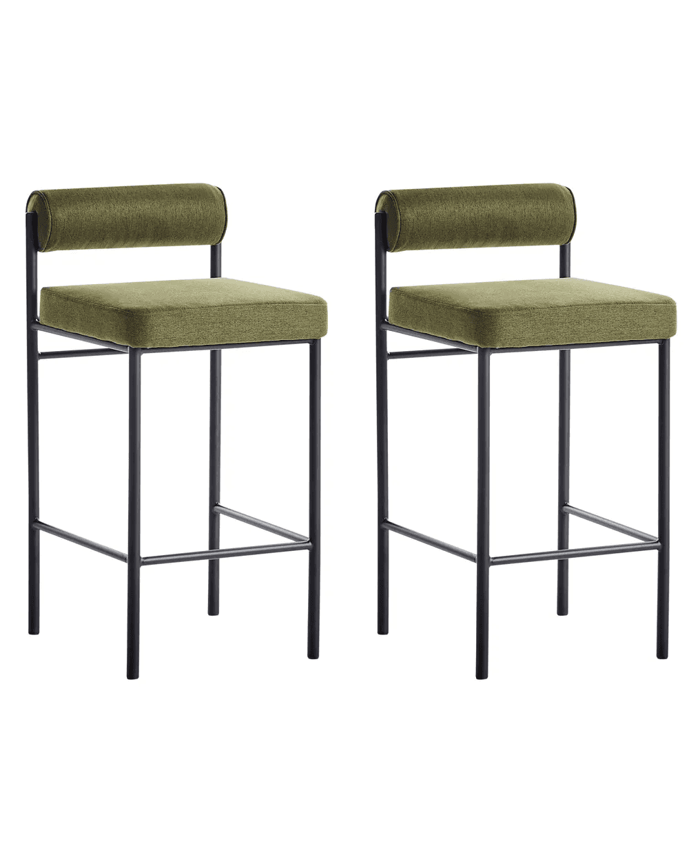 A pair of contemporary industrial bar stools featuring black metal frames and olive green upholstere… — 3D model