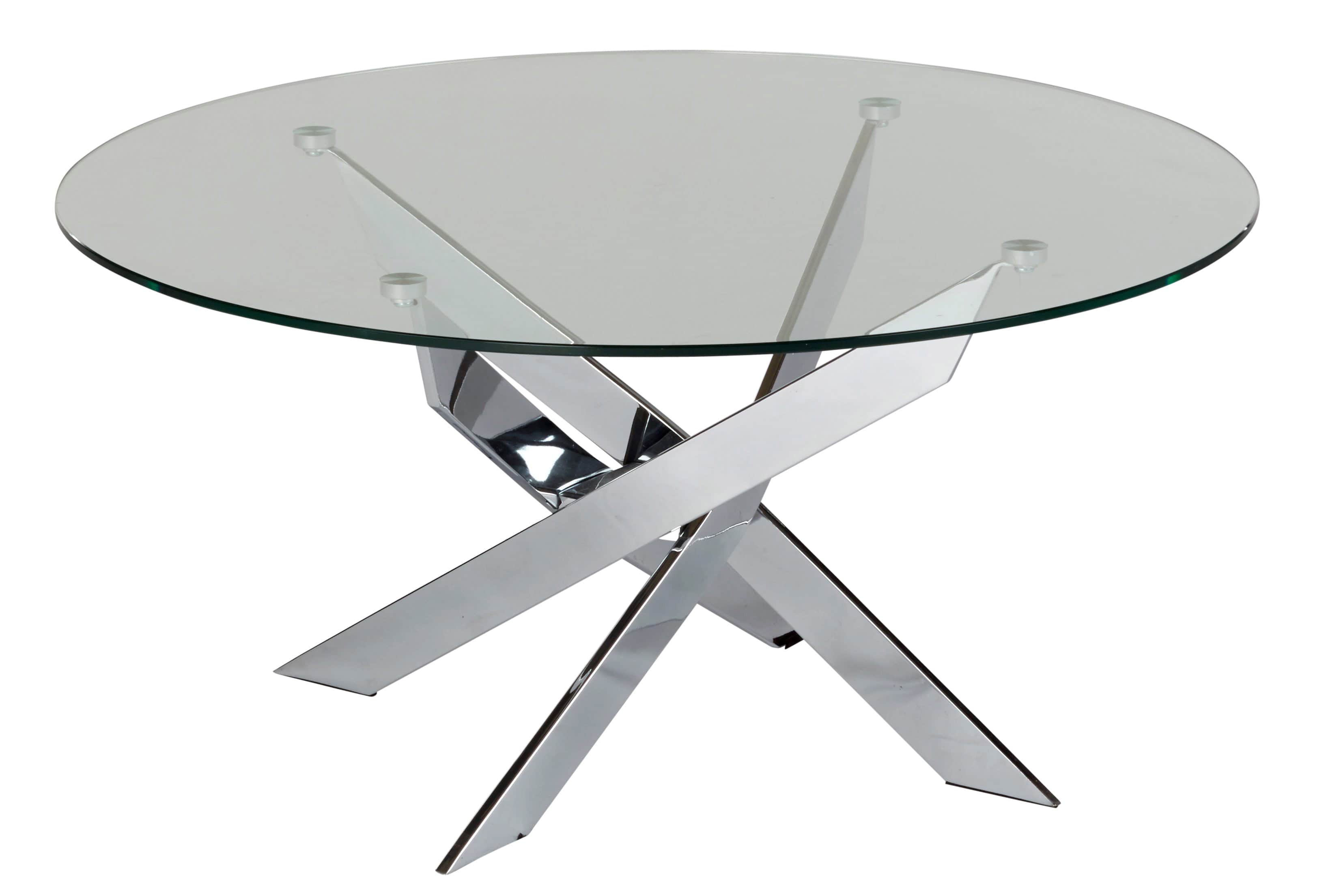 A modern round coffee table featuring a clear glass tabletop supported by a striking geometric chrom… — 3D model