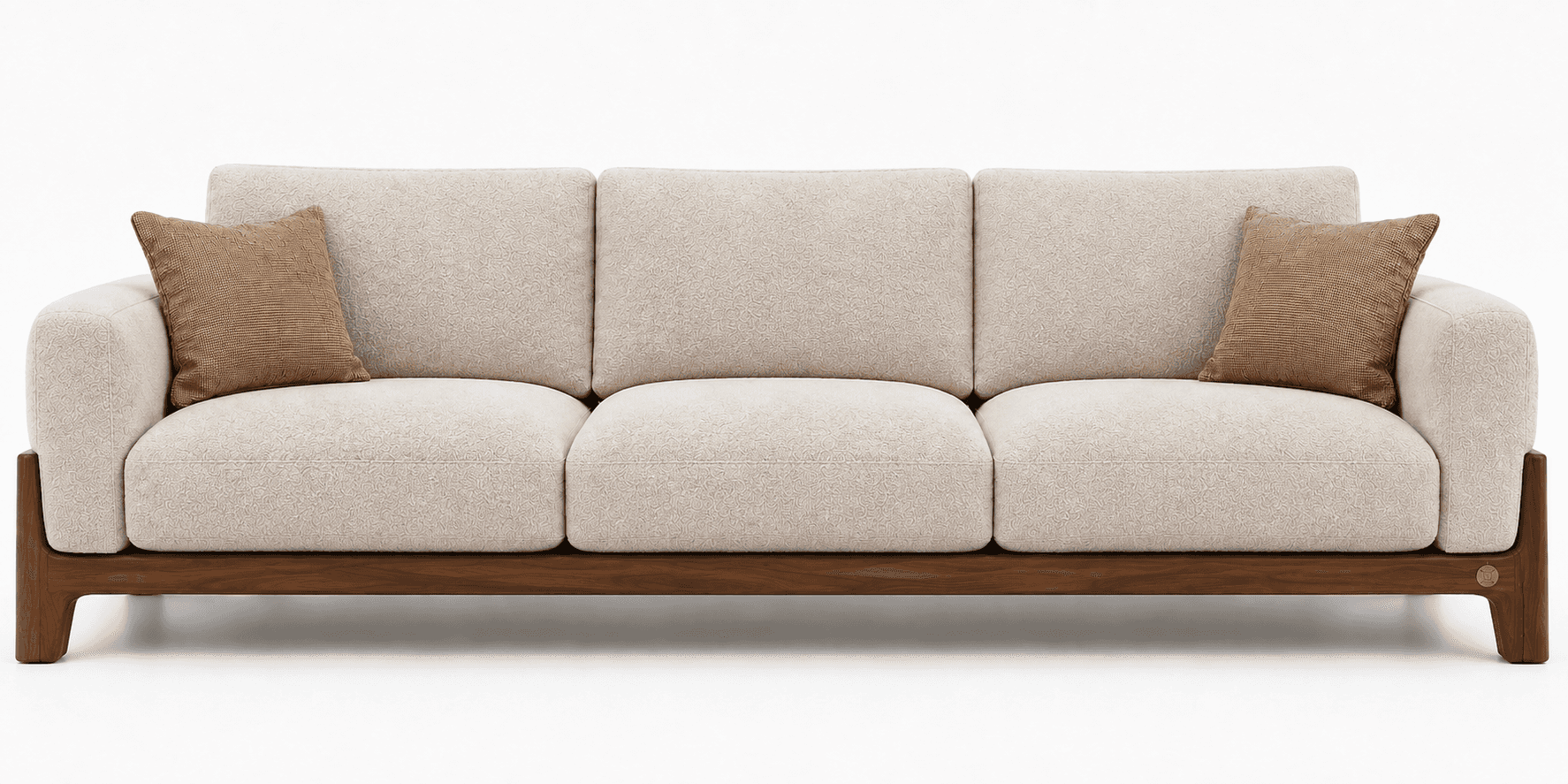 A modern three-seater sofa featuring a distinctive exposed dark wood frame that forms the base, legs… — 3D model
