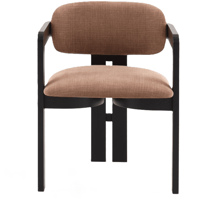 An armchair with a dark, angular frame and upholstered seat and backrest in a textured brown fabric.… — free OBJ 3D model