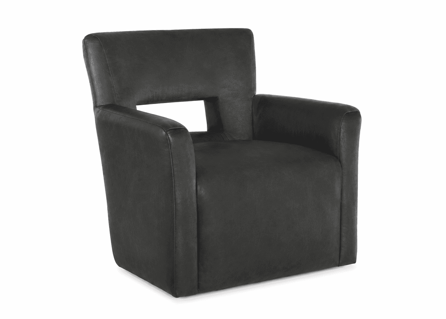 A modern, dark charcoal gray upholstered accent armchair featuring a distinctive rectangular cut-out… — 3D model