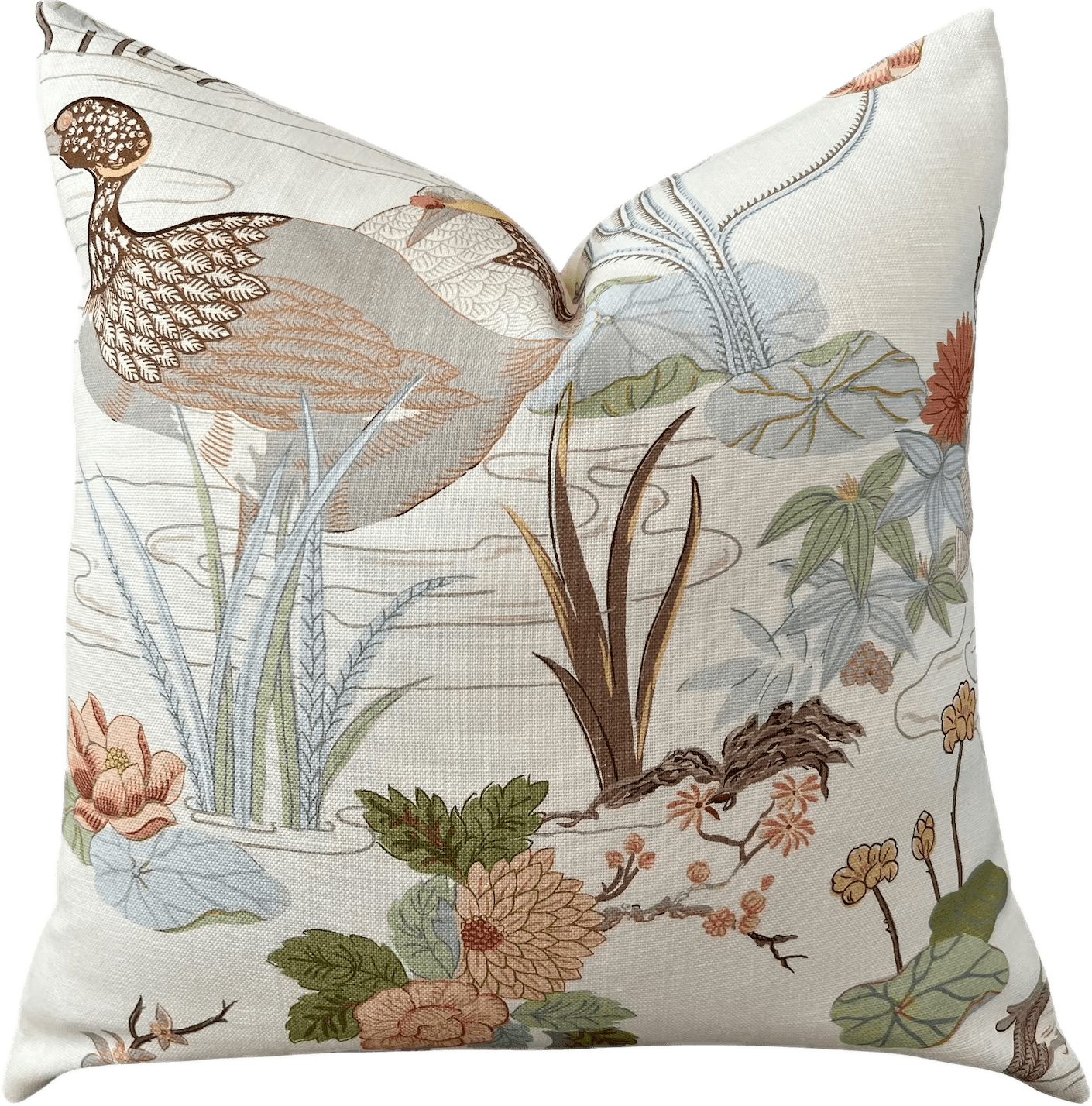 A square decorative throw pillow featuring an intricate Chinoiserie-style botanical pattern with bir… — 3D model