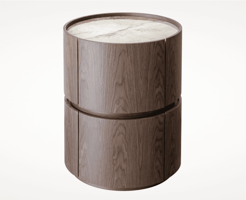 A cylindrical side cabinet made of dark wood with a visible grain, featuring a light-colored marble… — free STL 3D model