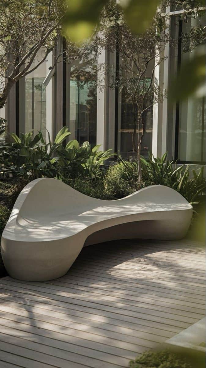 A modern, organically shaped bench with a smooth, continuous surface. The bench features a flowing,… — free SKP 3D model