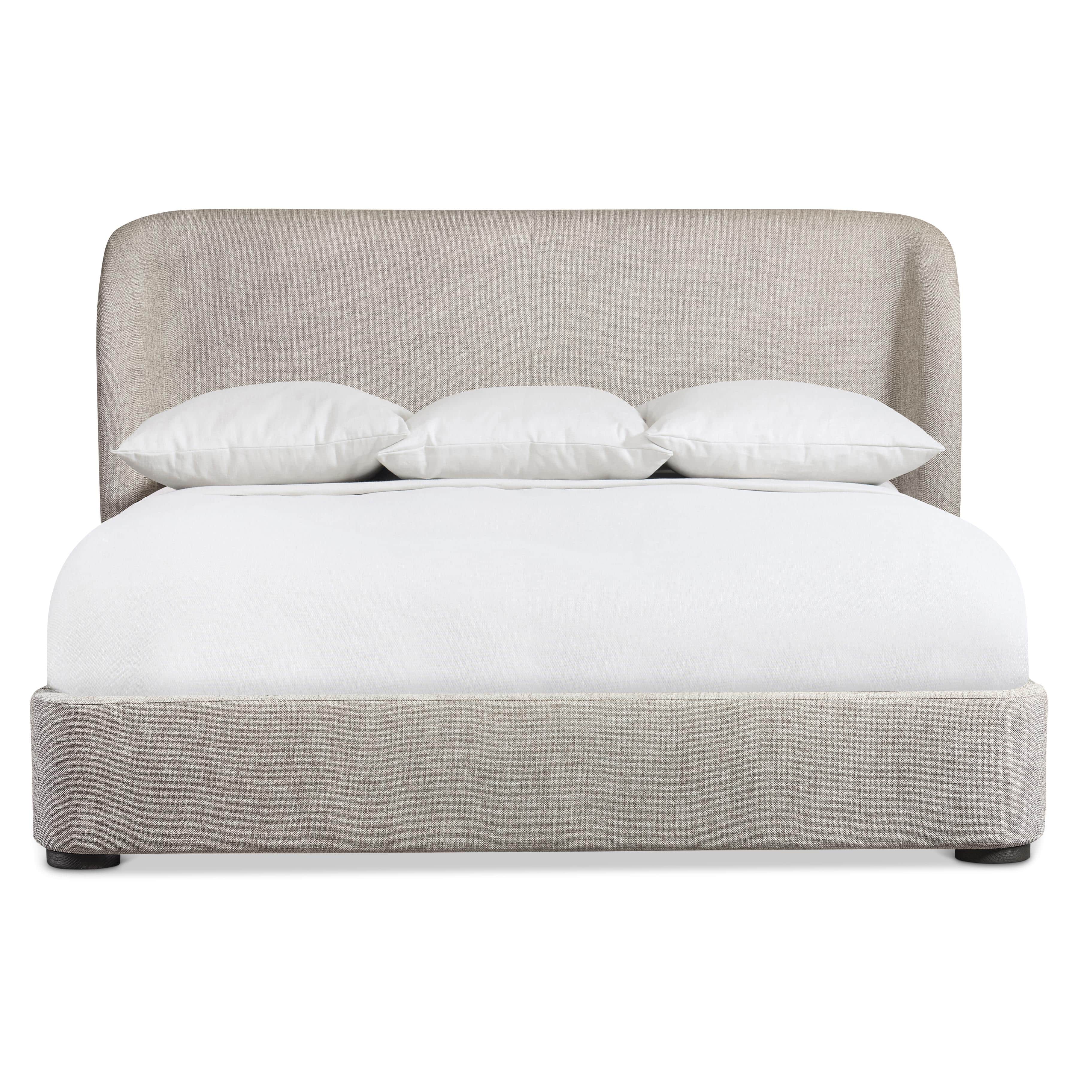 A modern platform bed featuring a fully upholstered frame and headboard in a light beige, textured f… — 3D model