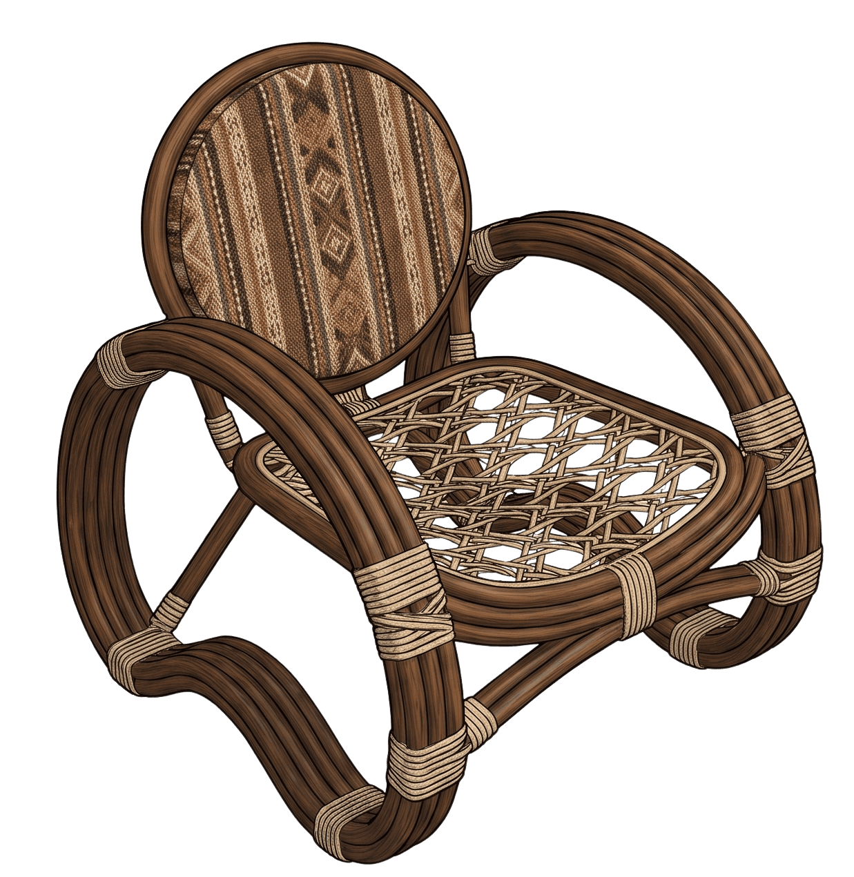 An illustration of a rocking chair crafted from dark brown rattan, featuring a distinctive curved ba… — 3D model
